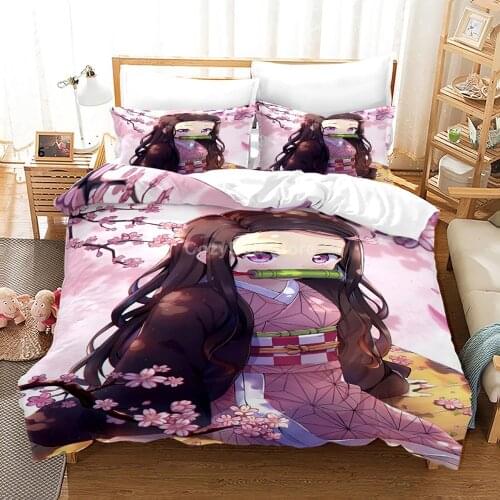 Demon Slayer Bedding Set Nezuko Kamado Comforter Duvet Cover Sets Bed Linen Twin Queen King Single Size Home Anime Kids Kawaii
