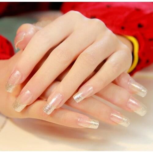 Shimmer Pure Silver Glitter French Nails Clear Spirit Flat Medium Acrylic Press On Nails Full Wraps including glue sticker