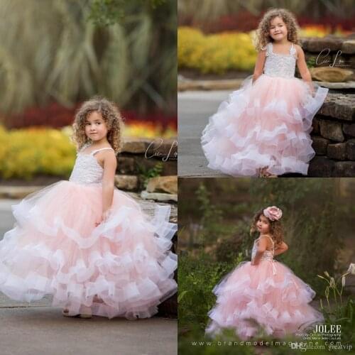 Lovely Pink Flower Girl Dresses For Wedding Lace Up Sequined Ruffle Tiered Skirts Toddlers Kids Girls Pageant Gowns Prom Party D
