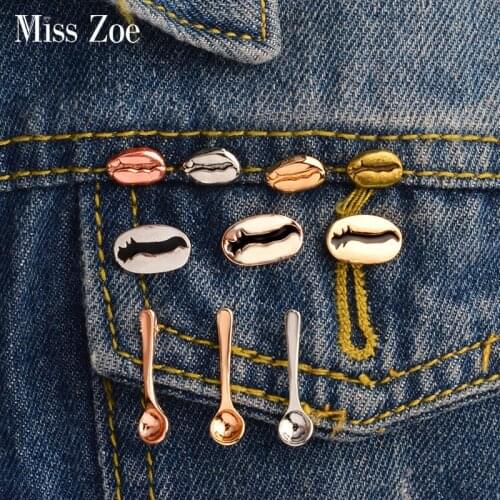Miss Zoe 3-4pcs/set Afternoon tea time Coffee beans Spoon Lapel Pin Brooch Denim jacket Shirt Badge Gift For coffee aficionados