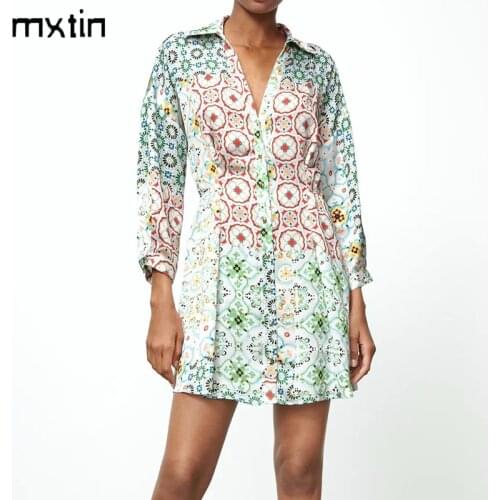 MXTIN 2021 Women Spring Elegant Floral Print Single Breasted Mini Dress Fashion Lapel Collar Long Sleeve Female Dresses Vestidos