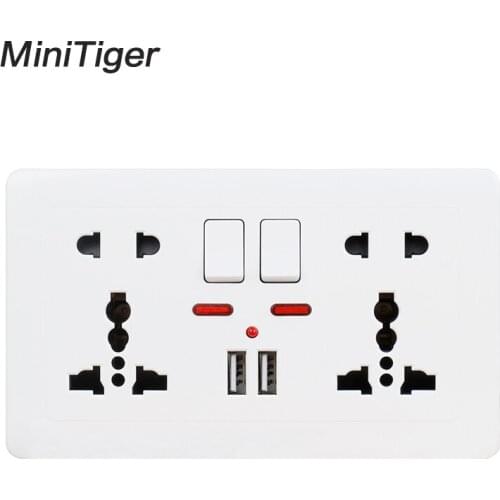 Minitiger Wall Power Socket Double Universal 5 Hole Switched Outlet 2.1A Dual USB Charger Port LED indicator Curved surface