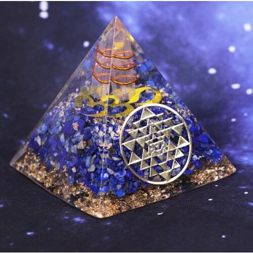 Lapis Lazuli Orgone Pyramid with OM Symbol for Energy Generator Chakra Balancing Reiki Healing EMF Protection Home Office Decor