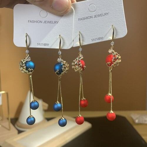 Hinas Retro court with zircon inlay, versatile Phoenix tassel long alloy earrings