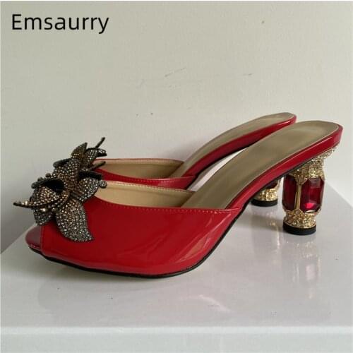 Diamond Flower Sandals For Girls Women Jeweled Rhinestone Heel Slingbacks Peep Toe Patent Leather Summer Mules Lady