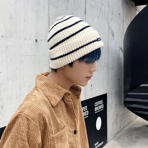 Fashion Korean Knitting Winter Hats For Men White Black Stripe Cap Hip Hop Beanie Casual Warm Hat
