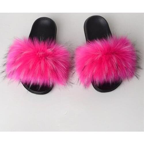 Hot Selling Fluffy Faux Fur Slides Women Fur Slippers Casual Fuzzy Raccoon Sandals House Furry Plush Shoes Fake Fur Flip Flops