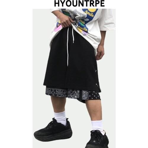 Mens Shorts Hip Hop Stitching Sweat Shorts with Pin Unisex Elastic Waist Loose Straight Streetwear Sports Shorts Casual Shorts