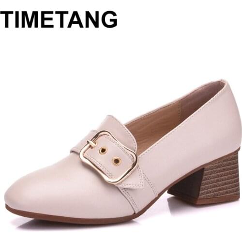 TIMETANG2019 Loafers Genuine Leather Boat Shoes Women High Heels Lady Buckle Square Heel Fashion Shoes Slip On FootwearE1286