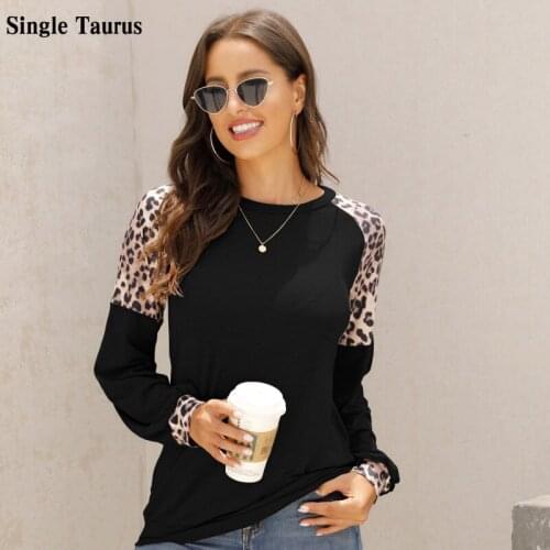 2021 Fall Spring Womans Leopard Print Top O Neck Long Sleeve Casual T Shirt Women Loose Streetwear Ladies Tops Tee Shirts Women
