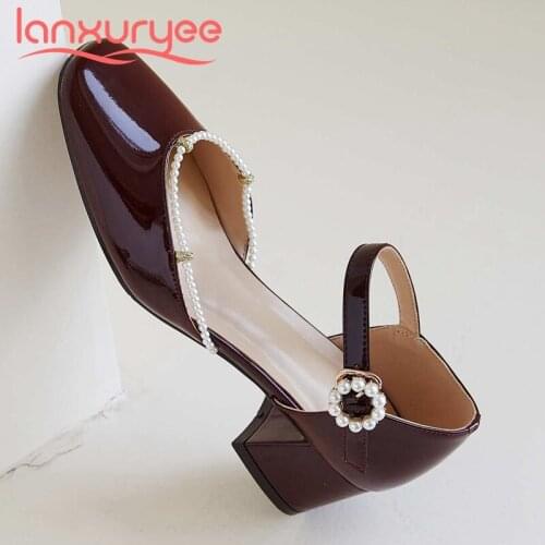 Lanxuryee Princess style full grain leather beading pearl square toe thick med heel buckle straps fairy sweet women pumps L7f3