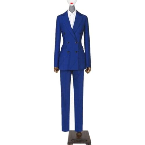 Jacket+Pants Women Business Suit Royal Blue Double Breasted Female Office Uniform Evening Formal Ladies Trouser Suit 2 Piece