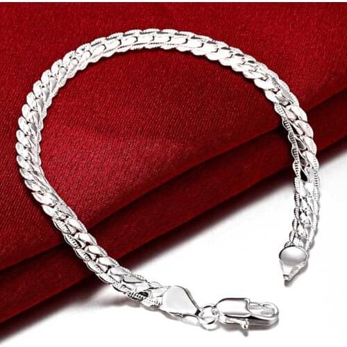 6MM 20CM Sideways Bracelet Womens Men 925 Jewelry Silver Bracelets Bangles for Women Girls Top Quality