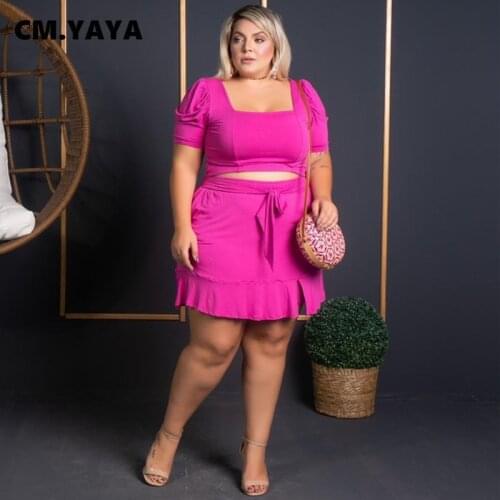 CM.YAYA Women Plus Size Set Solid Square Collar Short Sleeve Crop Tops Bandage Waist Short Skirts 2 Piece Set Sexy Outfit Summer