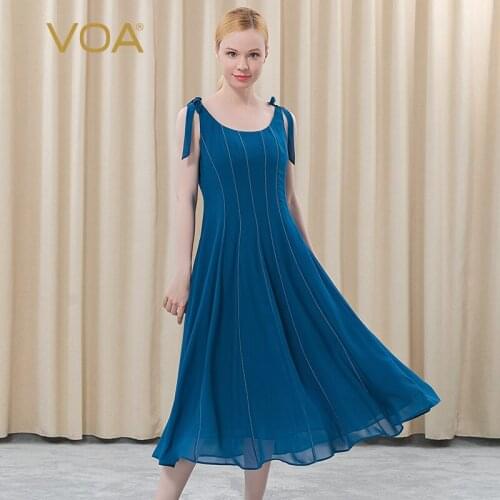 VOA 12m/m Silk Joes Bow Tie with A Round Collar White Line Adorned The Blue Waistless Sleeveless Dress AE521 Dress for Women