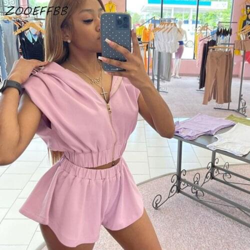 ZOOEFFBB Plus Size Trendy Zip Two Piece Set Hooded Crop Top Shorts Summer Tracksuit Outfits for Women Streetwear Matching Sets