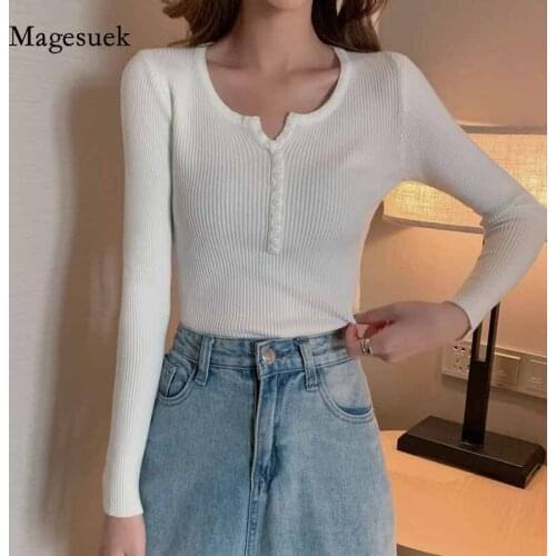 Korean Style V-neck Women Sweater Autumn Winter Women Knitted Sweater Pullover Slim Long Sleeve Female Jumper Knitwear 11071