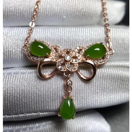 Natural green jasper Elegant Lovely butterfly Necklace Natural gemstone Pendant Necklace 925 sliver women Girl party Jewelry