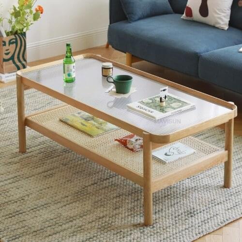 Coffee table solid wood rattan cherry wood white oak living room home small apartment Nordic glass rectangular table