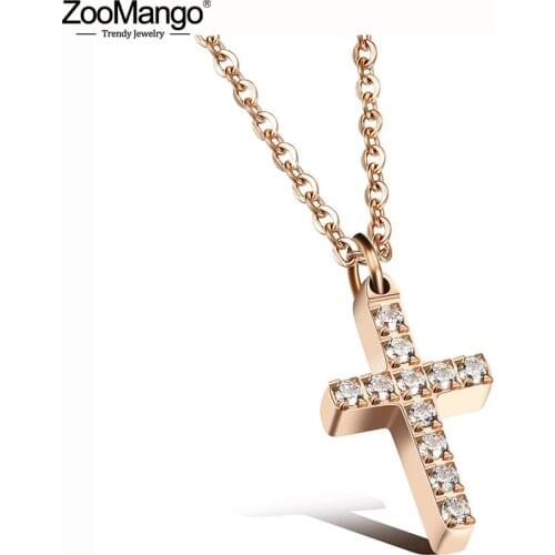 ZooMango Fashion Cross Unisex Pendants Necklaces 316L Stainless Steel Cubic Zirconia Charm Necklace Jewelry For Women ZN17067
