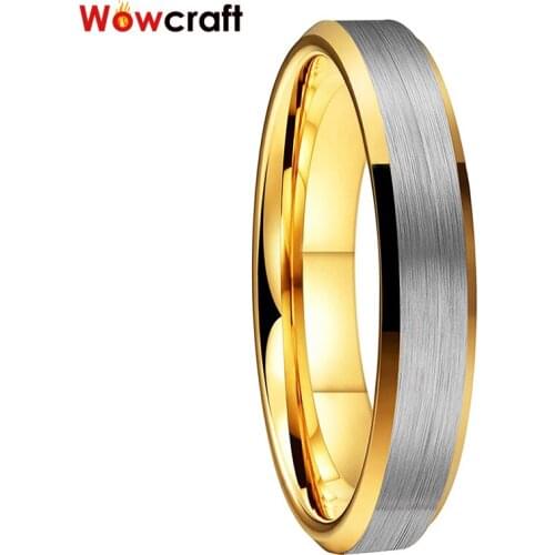 4mm Tungsten Wedding Bands Gold Brushed Finish Surface Womens Rings with Beveled Edges Comfort Fit Free Engraving Inside