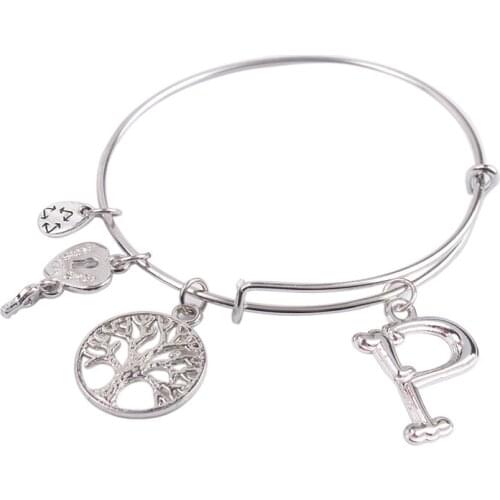 5PCS Silver Color Tone Initial P Letter charm bracelet Expandable Bangle #91299