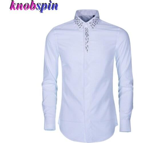 Brand Mens shirt Crystal Collar design White Black Solid Camisas masculina Full sleeve Slim male dress shirts