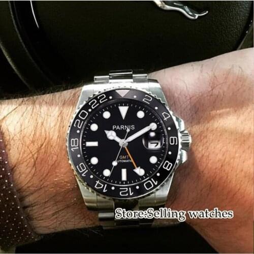 40mm Parnis Mechanical Watches Black ceramic Bezel black dial GMT luminous marks sapphire glass automatic Mens Watch