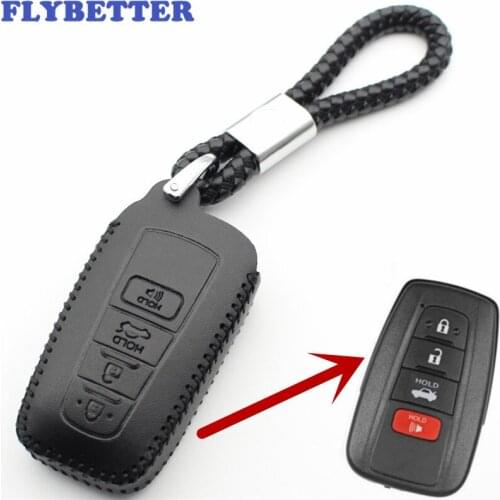 FLYBETTER Genuine Leather 4Button Keyless Entry Smart Key Case Cover For Toyota Camry/CHR/ 2017Prius/Corolla/Prado L113