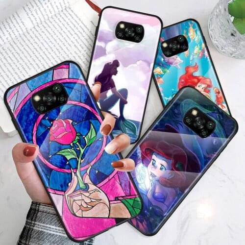 Tempered Glass Shell Luxury Cover The Little Mermaid For Xiaomi Mi POCO F3 F2 X3 NFC X2 M2 Pro Shockproof Phone Case