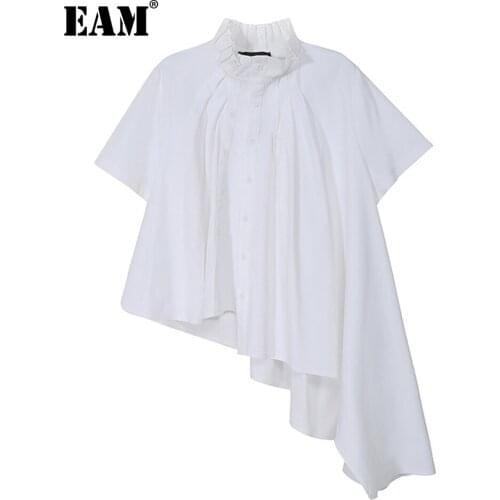 [EAM] Women White Big Size Ruffle Asymmetrical Blouse New Lapel Short Sleeve Loose Fit Shirt Fashion Spring Summer 2021 1DD7378