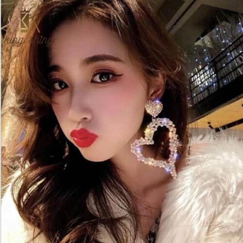 Elegant Shiny Crystal Heart Charm Pendant Earrings Luxury AB Color Rhinestone Statement Dangle Earrings Woman Party Ear Jewelry