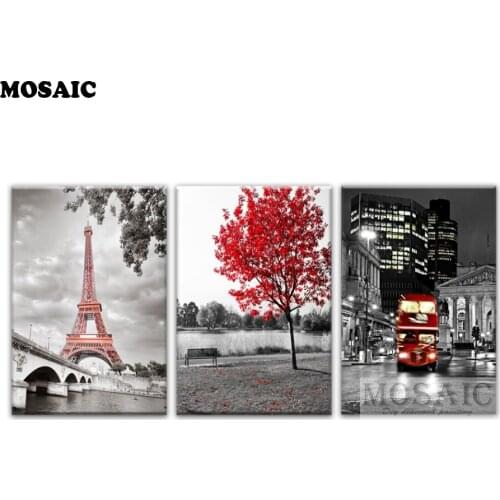 3 Pieces Paris Tower Red Bus Maple Landscap 5D Diamond embroidery Needlework Diamond Mosaic Cross Stitch home decoration