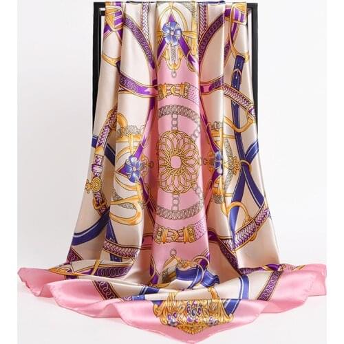 90cm Square Shawls Women Hijab Scarf For Hair Fashion Print Kerchief Neck Scarves Female Silk Satin Bag Scarfs For Ladies Banada