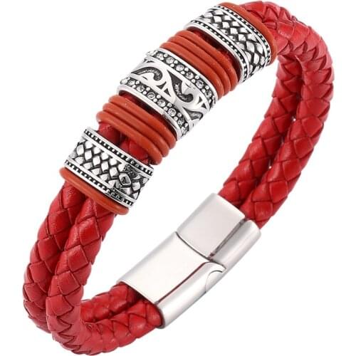 Fashion Red Braided Leather Charm Bracelet Men Jewelry Trendy Stainless Steel Wristband Magnetic Clasp Male Bangles Gift SP0096