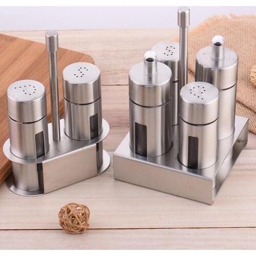 Stainless Steel Castor Salt Pepper Shaker Set Odor-Free Spice With Stand Condiment Box Cooking Multi-purpose Seasoning Bottles