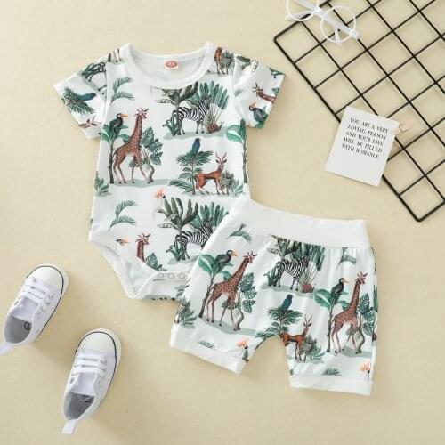 Newest Summer Baby Set Infants Boys Girls Cute Giraffe Print Short Sleeves Bodysuit+Elastic Waist Shorts Outfits for 0-24M