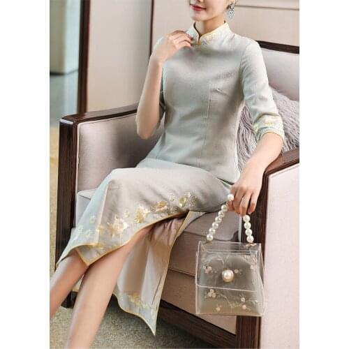 New autumn original Chinese retro style flower Embroidered big size Cheongsam high slip dress for women