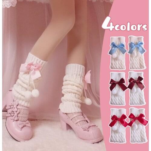 Japanese Harajuku Style Girls Sweet Pink Bow Leg Warmer Lolita Cute Ball Knitted Winter Foot Warmer Socks Knee High Stockings