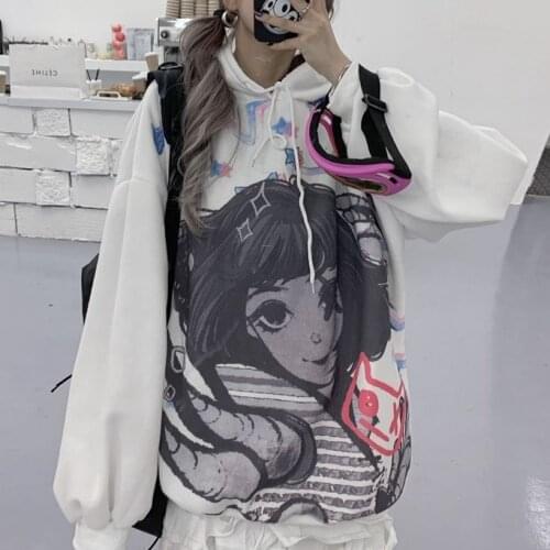 Autumn WomenS Hooded Sweatshirt Plush Oversized Streetwear Kawaii Gothic Anime Print Harajuku Retro Clothes Pullover