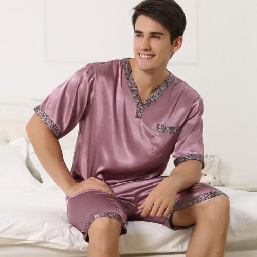 Sexy Faux Silk Men Pajamas Fashion V-Neck Ice Silk Sleepwear Male Short-Sleeve Pyjama Shorts Sets Two-Pieces Plus 4XL 2509