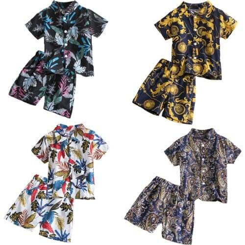 Baby Boys Floral Print Clothes Set Shorts Sleeve Shirt Top +Pants Hawai Holiday Costumes Toddler Kids Children Summer Beach Suit