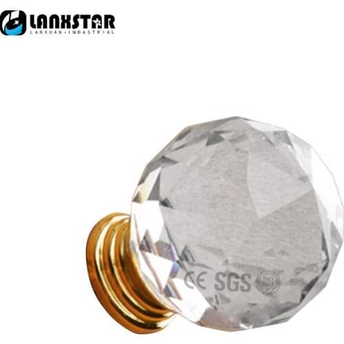 30mm Europe Style K9 High Quality Furniture Dresser Drawer Used Crystal Glass Cut Faces Knobs in Brass Handle
