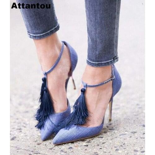 Blue jeans thin high heels tassel dress shoes women stiletto heeled buckle designer pointed toe sexy pumps party shoes