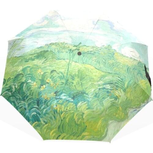 3 Folding Parasol Sun Protection Anti-UV Sun and Rain Umbrellas Automatic Windproof Green Wheat Fields Pattern Umbrella