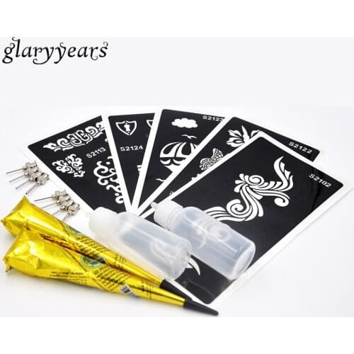 5 Piece Medium Henna Stencil + 2 Piece Black Henna Paste + 2 Piece Bottle + 8 Piece Stainless Body Paint Kit Tattoo Stencil 2019