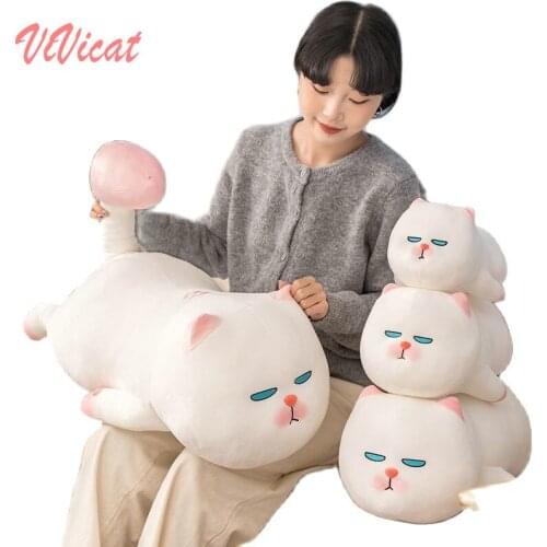 High Quality Vivi Cat Plush Toy Stuffed White Fat Lying Alien Cat Pillow Pink Ball Tail Stuffed Animal Bbay Doll Xmas Gift Kids