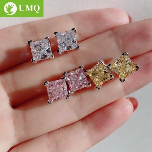 UMQ 100% 925 Sterling Silver 7*7mm Topaz Pink High Carbon Diamond Stud Earrings For Women Wedding Party Fine Jewelry Gifts