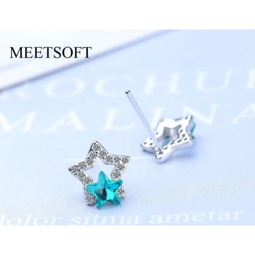 MEETSOFT 925 Sterling Silver Prevent Allergy Stud Earrings for Women Design Trendy Small Crystal Star Jewelry Gift