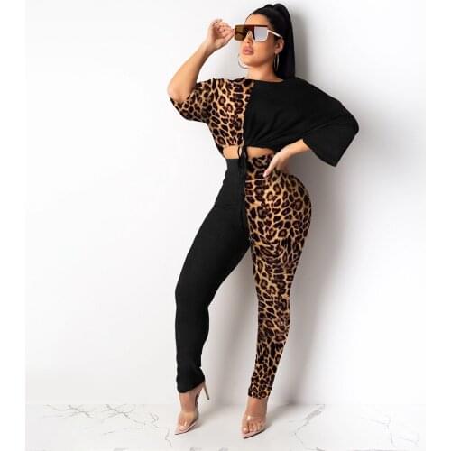 New Women Sexy Leopard Patchwork Middle Sleeve Pullover Top and Pants Set 2 Pieces Fashion Bodycon Outfits for Party Casual Wear